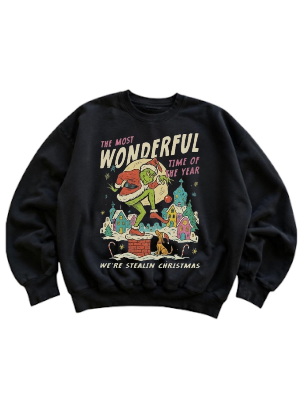 Black Grinch Christmas Graphic Crewneck Sweater - The Most Wonderful Time